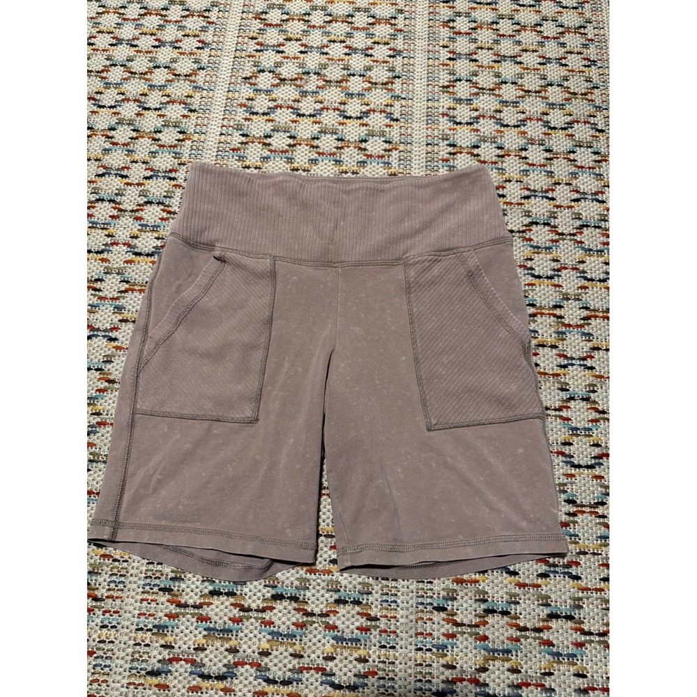 Aerie Chill Play Move Mauve Acid Wash Ribbed High Waist Biker Shorts Pockets L